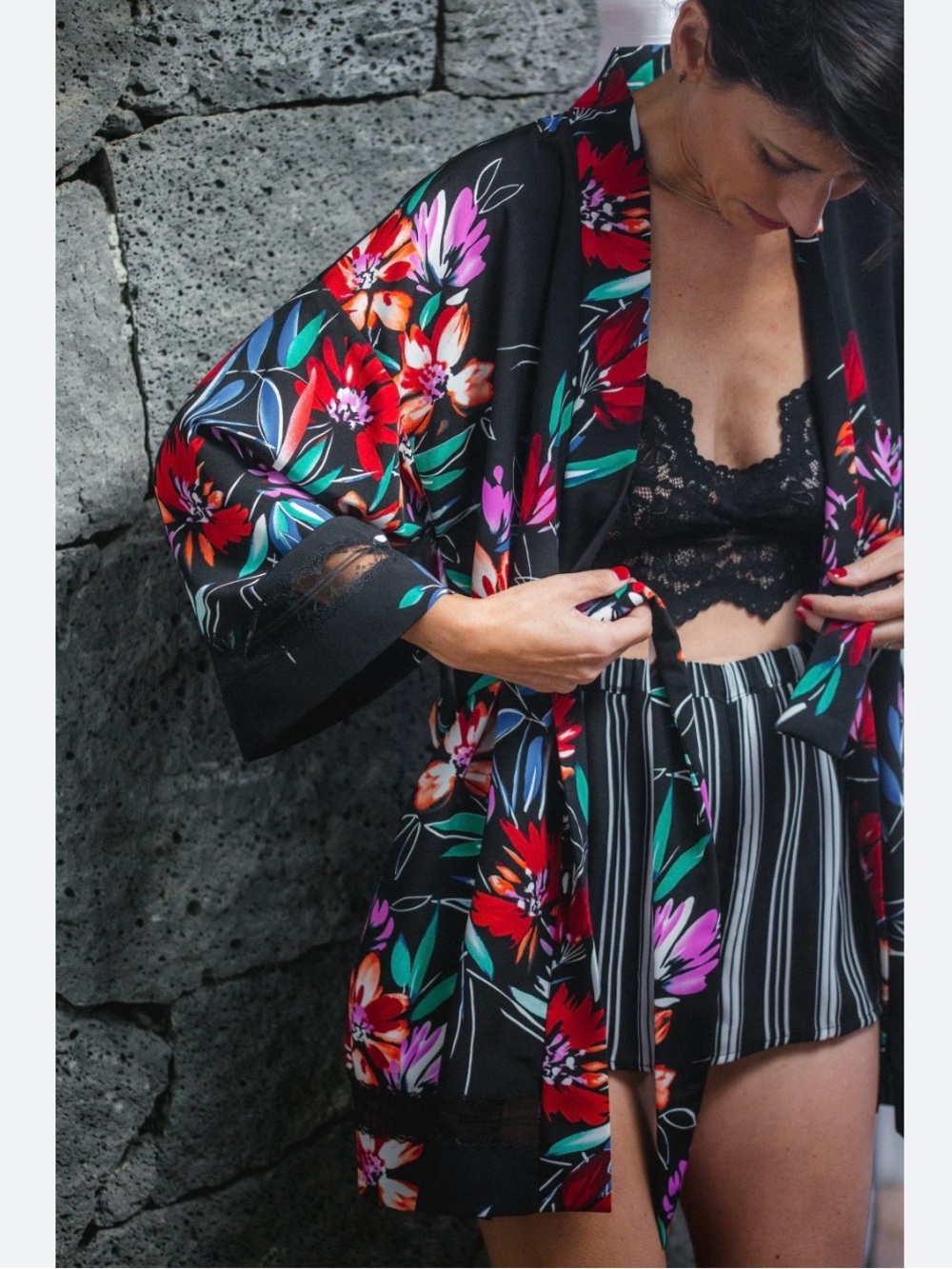 Black Floral Satin Kimono Robe